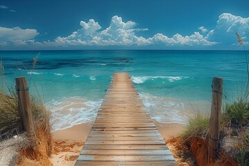 Digital artwork of  wooden walkway leading down to a sandy beach with water surrounding