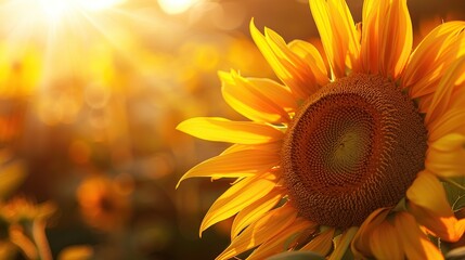 A Large, orange sunflower in full bloom against a warm, blurry background of a field of sunflowers.