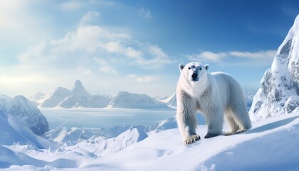 Polar bears walks in extreme winter weather, standing above snow with a view of the frost mountains