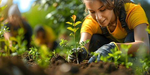 Volunteers planting trees to save environment promote sustainability and protect ecosystems....