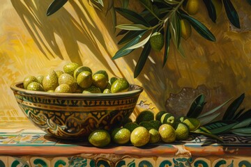 Bowl of green olives on a decorative surface with olive branches in the background. Realistic oil painting with vibrant colors. Mediterranean cuisine and food concept. Generative AI