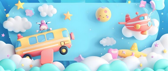 Obraz premium Whimsical Cartoon Airplane Flying Through Pastel Clouds and Starry Sky