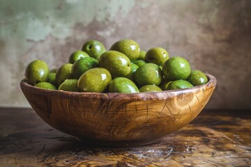 Bowl of green olives on a wooden surface. Rustic still life photography. Mediterranean cuisine and food concept. Design for poster, print, greeting card, invitation, postcard. Generative AI