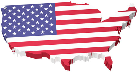The map of the United States overlayed by the US flag isolated on transparent background.