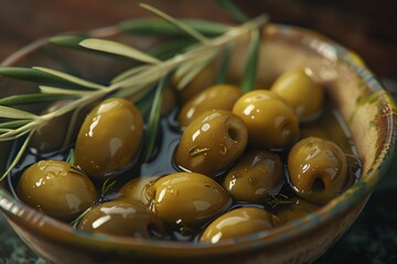 Bowl of green olives in brine with olive branch. Closeup food photography. Mediterranean cuisine and food concept. Generative AI