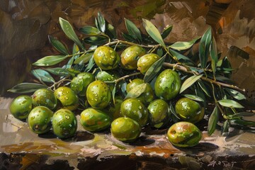 Olive branches with green olives and leaves. Realistic oil painting with textured brushstrokes. Mediterranean cuisine and food concept. Generative AI