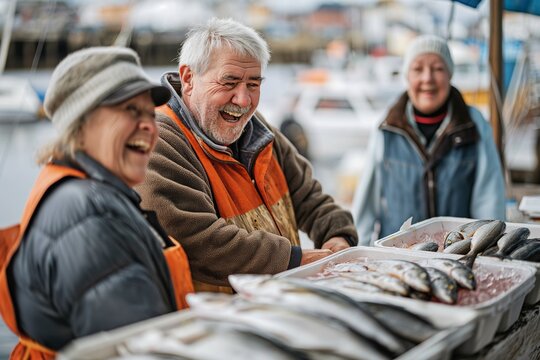 Senior fishmongers at local market. Two senior fishmongers and a customer smiling and engaging at a seafood stall. Community engagement. For marketing, editorial, print, and web.