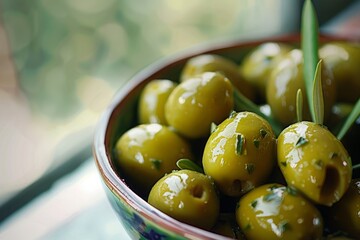 Closeup of green olives in brine with herbs in a bowl. Food photography with bokeh background. Mediterranean cuisine and food concept. Generative AI