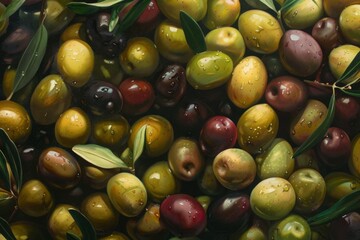 Assorted olives with leaves and water droplets. Realistic oil painting with detailed texture. Mediterranean cuisine and food concept. Generative AI