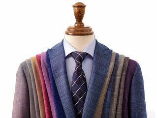 A bespoke suit fitting session in a renowned tailor's studio with luxurious fabrics.,space for text,,isolated on white background