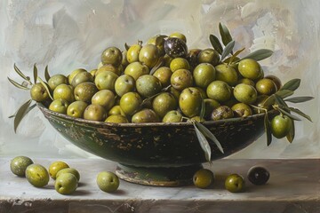 Large bowl of green and black olives with olive branches on a rustic surface. Still life photography. Food and nature concept. Design for poster, wallpaper, print, banner. Generative AI