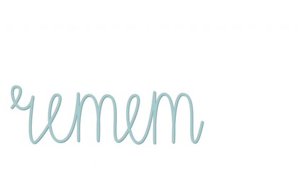 Remember word handwriting animation. Animated word Remember blue text script on white background.