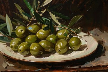 Green olives with olive branches on a plate. Still life photography. Food and nature concept. Generative AI