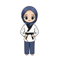 illustration of a taekwondo girl wearing a uniform and hijab with a black three stripes belt on a transparent background