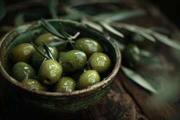 Bowl of green olives with olive branches on a rustic wooden surface. Close-up photography. Food and nature concept. Generative AI