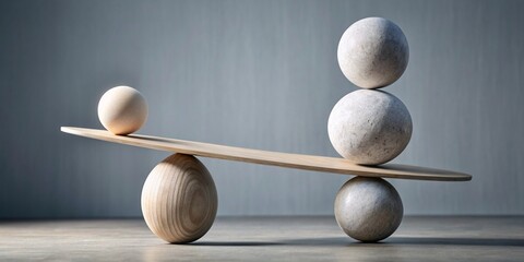 Generative ai. A wooden plank is balanced on a large round stone. On the left end of the plank, a single small stone rests, while on the right end, three stones are stacked on top of a larger stone.