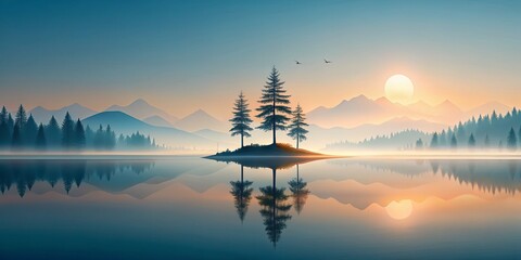Generative ai. A small island with pine trees is reflected in a calm, misty lake during sunrise. Surrounding are forested hills and distant mountains, and three birds are flying near the glowing sun - Powered by Adobe