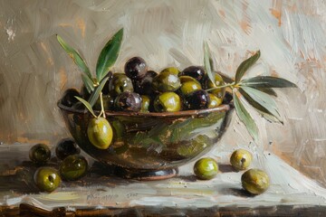 Bowl of green and black olives with olive branches on a rustic surface. Still life photography. Food and nature concept. Generative AI
