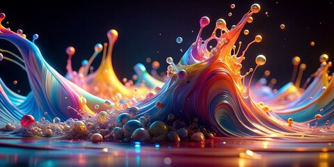 Generative ai. Abstract image of colorful, smooth waves and splashes. The vibrant hues include shades of blue, pink, yellow, orange, and purple, creating an energetic and dynamic scene.