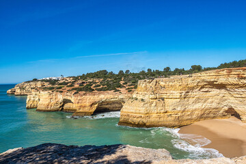 Portuguese coast in Benagil, Algarve, Portugal. Praia da Corredoura. Seven Hangging Valleys Trail.