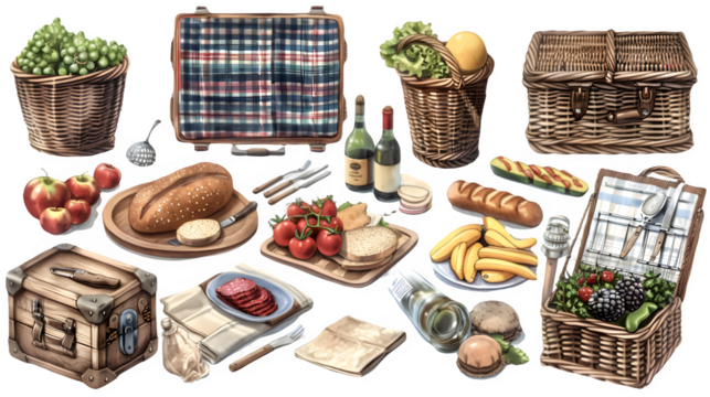 Picnic items placed in a flat layout isolated on a transparent background, PNG, Ai