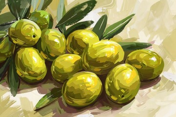 Cluster of green olives with leaves. Realistic painting with earthy tones. Mediterranean cuisine and organic food concept. Generative AI