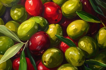 Close-up of green and red olives with leaves. Realistic painting with vibrant colors. Mediterranean cuisine and healthy food concept. Generative AI