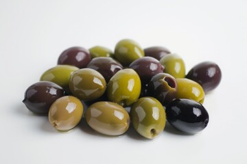 Mixed olives pile on white background. High-resolution macro shot. Mediterranean cuisine and healthy snack concept. Design for print, poster, and kitchen decor. Generative AI
