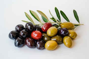 Assortment of mixed olives with leaves on white background. High-resolution close-up photography. Mediterranean cuisine and gourmet food concept. Generative AI