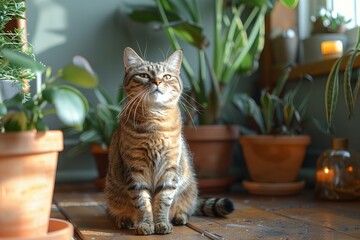 Digital image of cat sitting on floor near a potted plant stock photo 