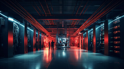 Network and internet communication technology concept, data center interior, server racks with telecommunication equipment in data center server room
