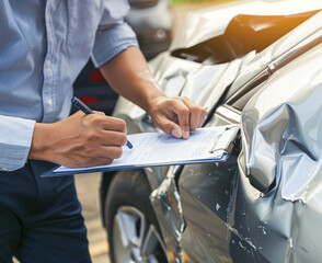 An insurance agent assessing and writing on a clipboard about the damage to a car involved in a crash