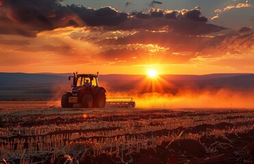 Fototapeta premium The tractor at work - plowing the field to ready it for crops, a symbol of agricultural progress and the relentless effort of farmers to ensure productive harvests.