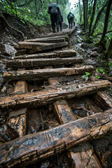 Obraz premium Workers maintain forest trails, promoting eco-tourism and sustainable forestry practices.