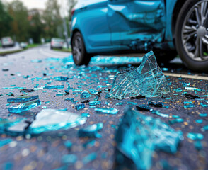 Car accident scene with shattered glass on asphalt, close-up of damaged blue vehicles on city street