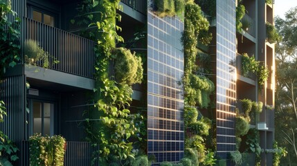 Modern sustainable building facade with solar electric panels and vertical garden with climbing green plants