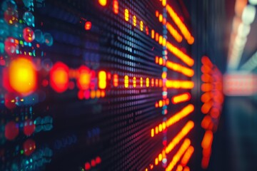 Glowing led lights symbolize server activity in abstract digital data concept for sock ticker background