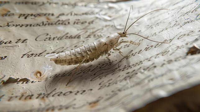 A silverfish crawls across an old, fragile document, threatening to destroy it
