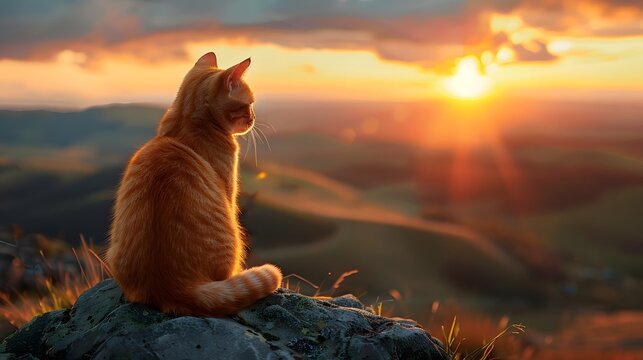 A ginger cat sits on the top of mountain and watches sunset over distant hills, award winning photography by national geographic.
