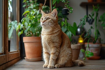Cat sitting on floor near a potted plant stock photo 