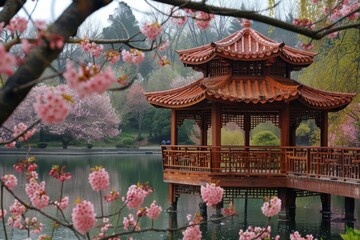 Japanese gazebo and blooming sakura on the river bank - Powered by Adobe