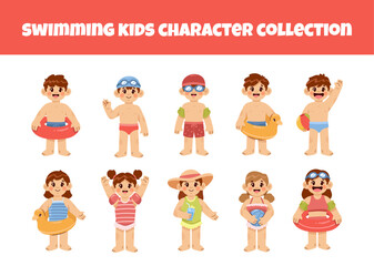 Swimming kids character vector illustration set