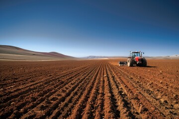 Fototapeta premium Agricultural scene - a tractor plowing the field, turning the soil for the new planting season, enhancing crop growth, and contributing to sustainable farming practices.