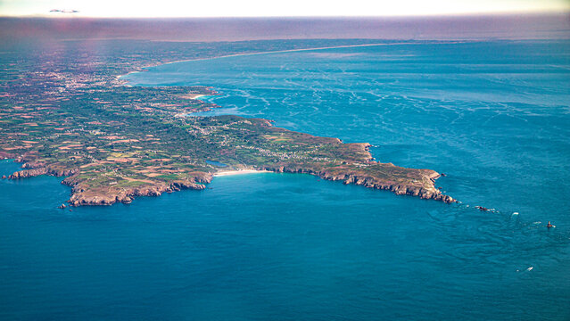 Pointe du Raz pointe du Van Sein island and trepass&eacute;s bay in atlantic ocean north french brittany aerial view