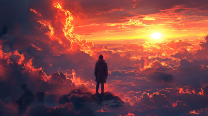 Fototapeta premium A person stands on a cloud, gazing at a vibrant sunset with dramatic clouds in the sky. The scene is surreal and dreamlike, with warm colors dominating the sky and clouds.