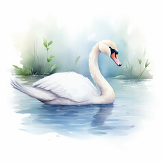 Fototapeta premium Elegant white swan gliding gracefully on a serene pond, surrounded by nature and tranquil water reflections.