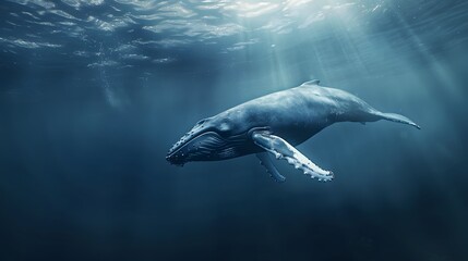 Fototapeta premium A humpback whale swimming in the ocean, blue water, underwater photography, in the style of national geographic photography. 
