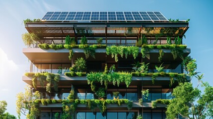 Modern sustainable building facade with solar electric panels and vertical garden with climbing green plants