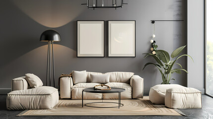 Gray walls, luxurious color tones, Frame mockup, ISO A paper size, modern living room, black floor lamp and coffee table. Generative AI
