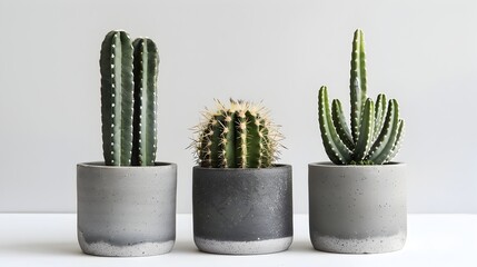 Sleek Modernity: A Trio of Symmetrical Cacti Gracefully Adorn a Minimalist White Backdrop